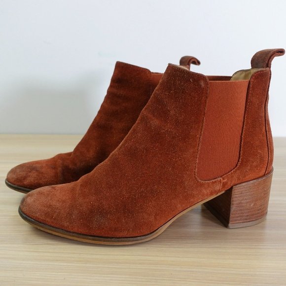 Everlane Shoes Women Leather 6.5 Chelsea Ankle Bootie Heel Boots Rust Suede - Picture 1 of 15